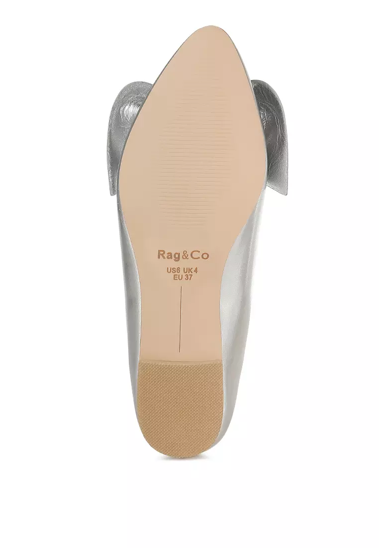 銀色金屬皮蝴蝶結芭蕾舞平底鞋