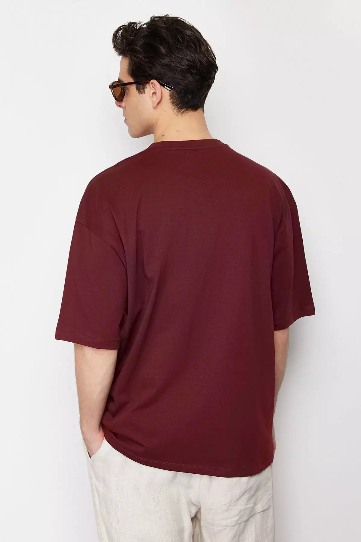 Claret Red Oversize 100% Cotton Crew Neck Minimal Text Printed T-shirt TMNSS23TS00084