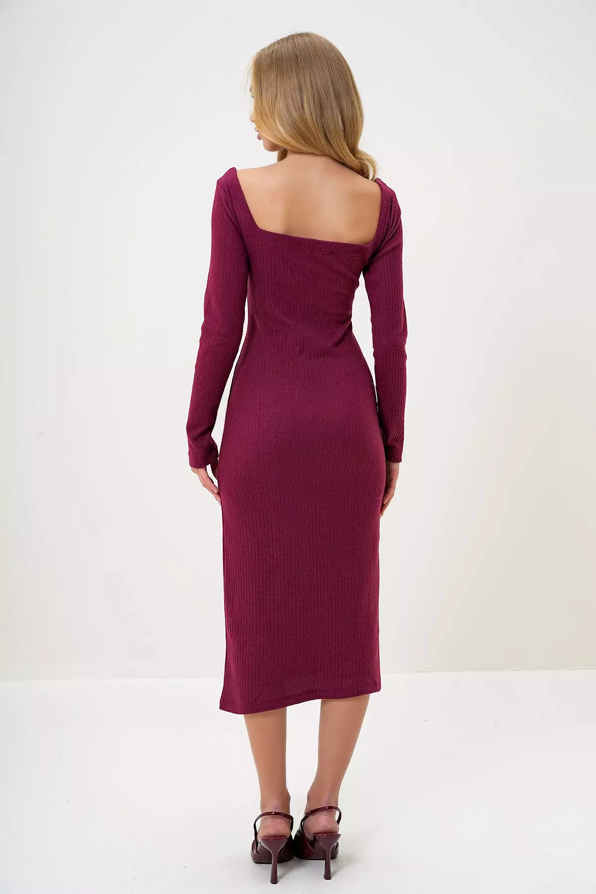 Women's Burgundy Square Neck Long Sleeve Midi Length Interlock Fabric Dress