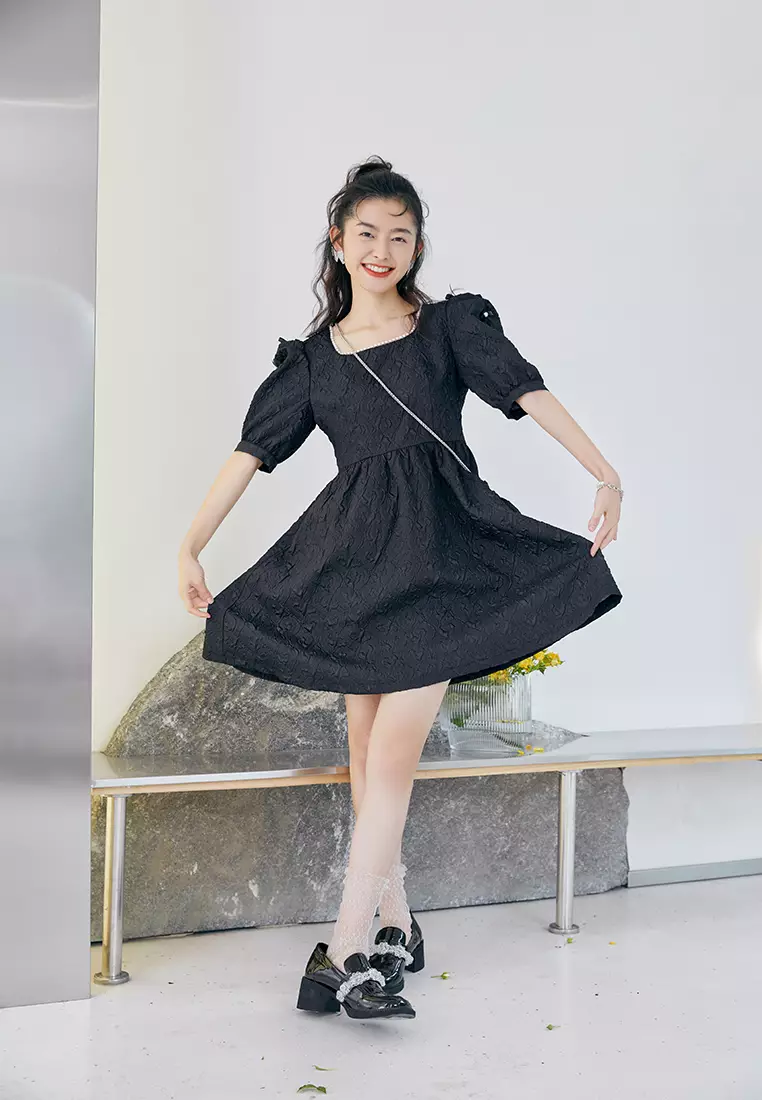 Square Neck Embossed Babydoll Dress