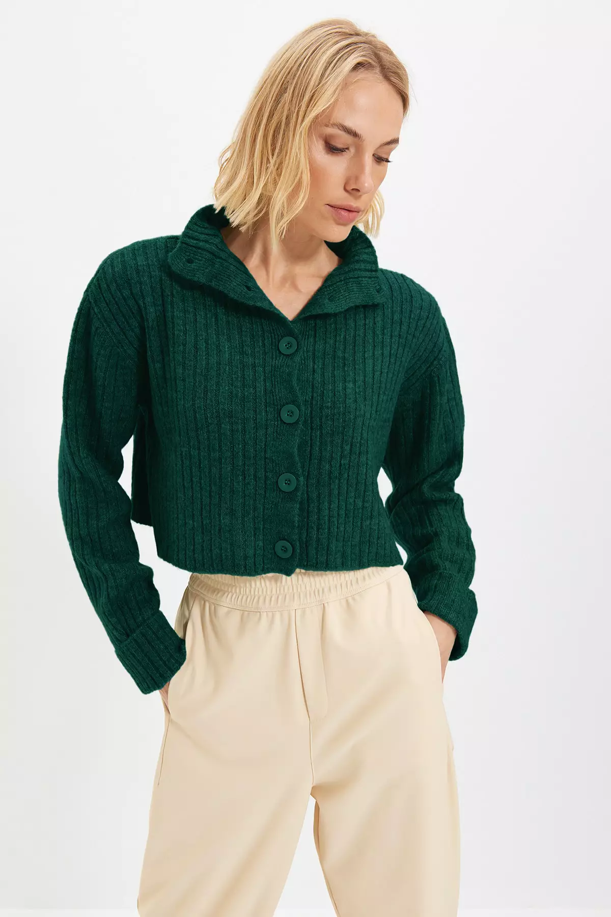 Emerald Green Crop Soft Textured Stand Collar Knitwear Cardigan
