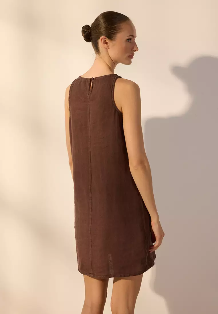 Brown 100% Linen Basic Mini Dress Twoss25El00610