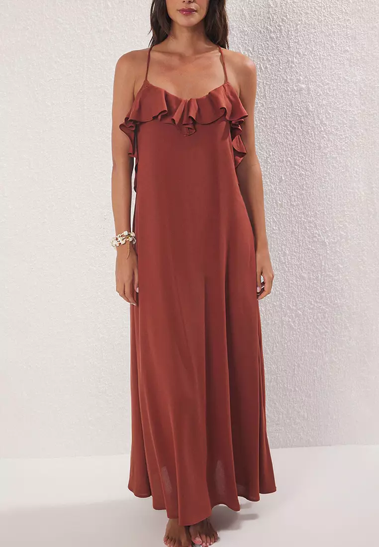 Dark Brown Maxi Woven Backless Beach Dress Tbess19Wy0004