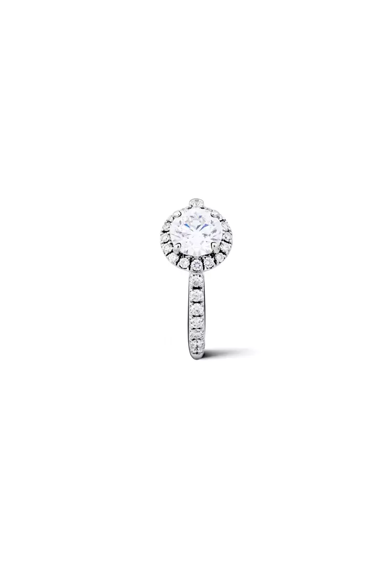 1.08ct Classic Round Certified Lab Grown Diamond Halo Engagement Ring with Pavé Band in 18K White Gold