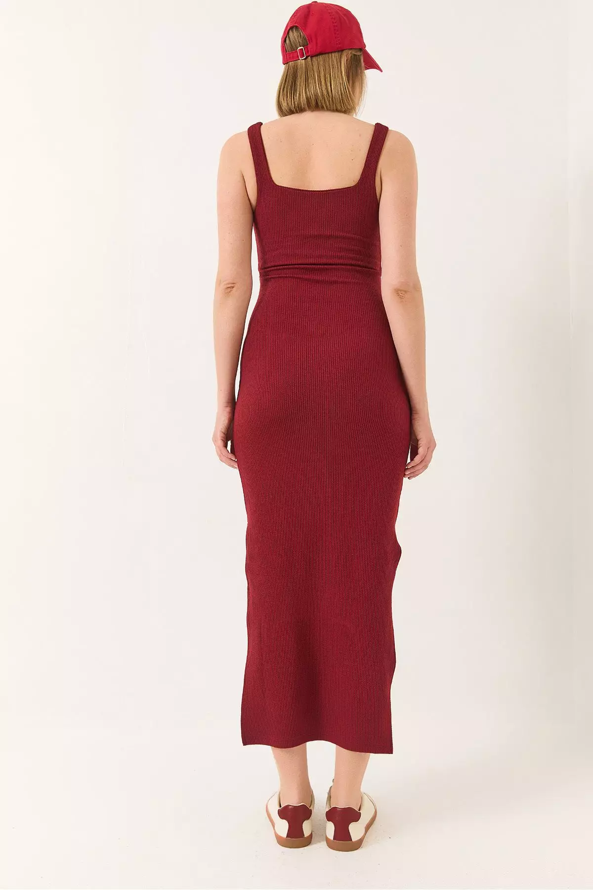 Women's Strappy Square Neck Slit Detailed Ottoman Midi Dress 295 60283176