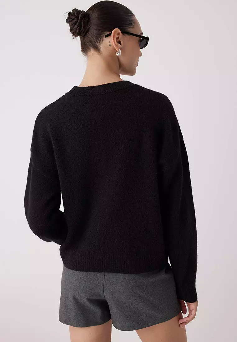 Black Alpaca Wool Blended Premium/Special Yarn Wide Fit Basic Knitwear Sweater
