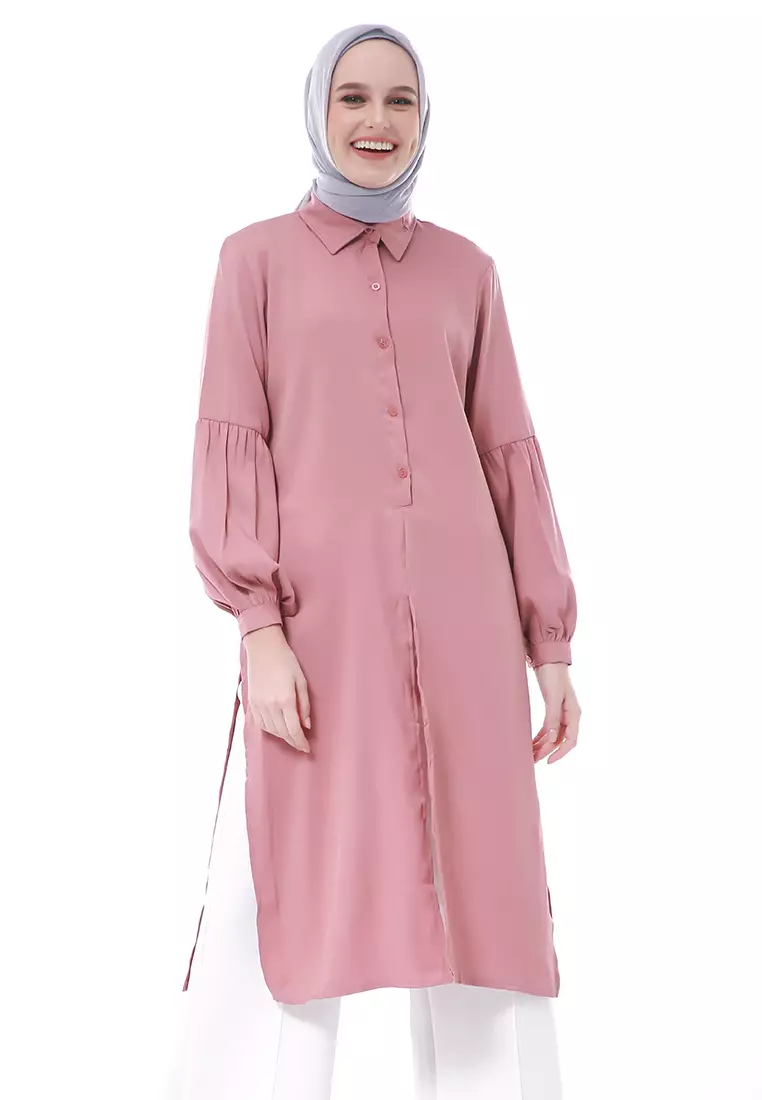Syabilla Tunik Muslimah Wanita Long Sleeve Motif Polos Regular Fit - Dustypink