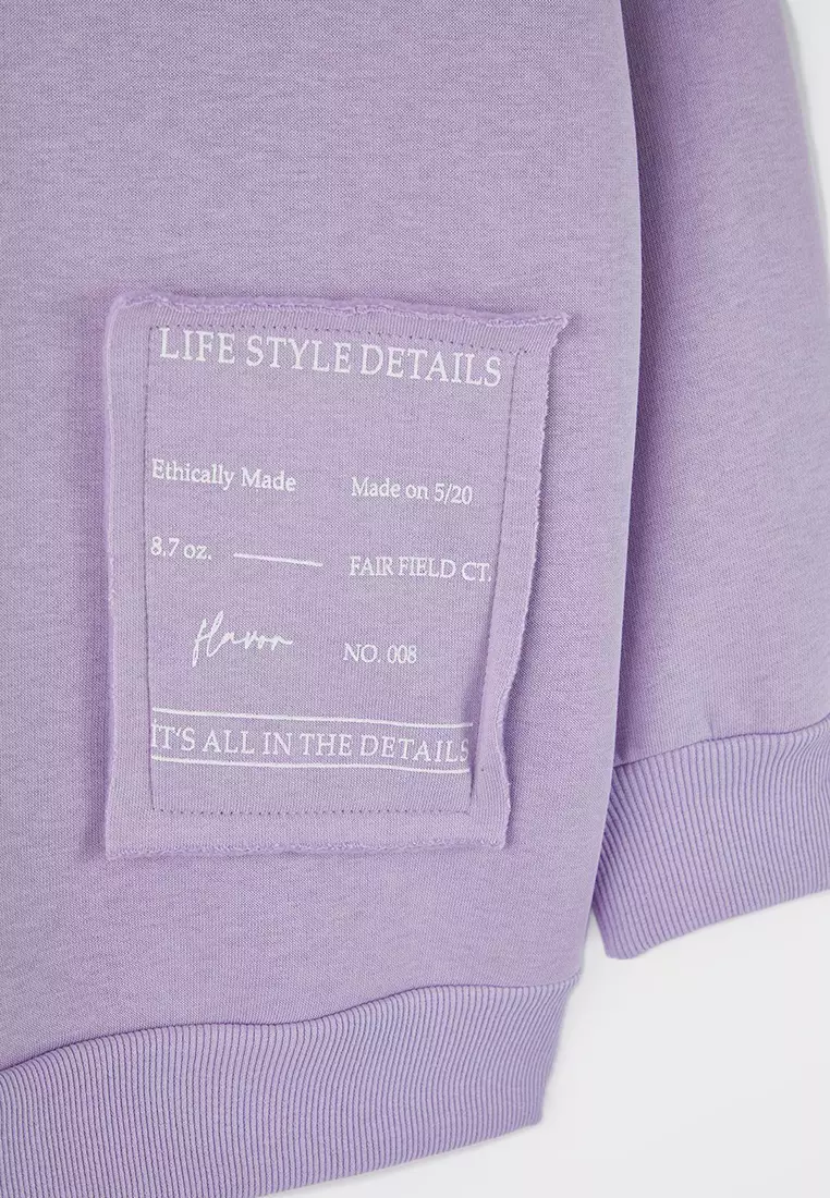 Lilac Hooded Slogan Detailed Fleece Thick Knitted Sweatshirt