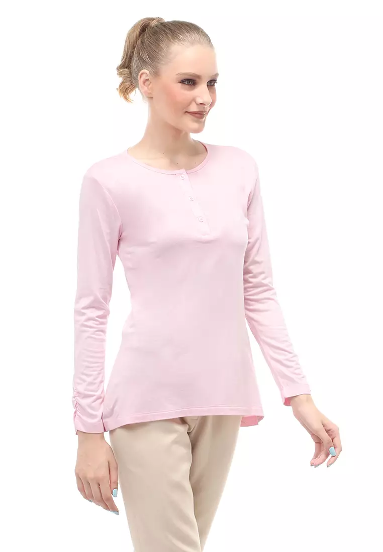 Kaos Wanita Lengan Serut Motif Solid Design Simple Relaxed Fit - Soft Pink