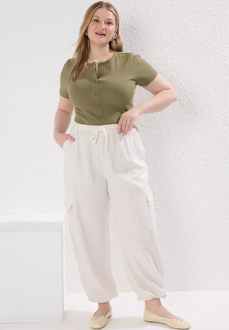 Green Button Detail Fitted Corduroy Knitting Plus Size Blouse TBBSS25AF00060