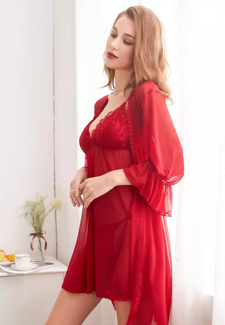 Women's Sexy Lace Pajamas Three Piece Red