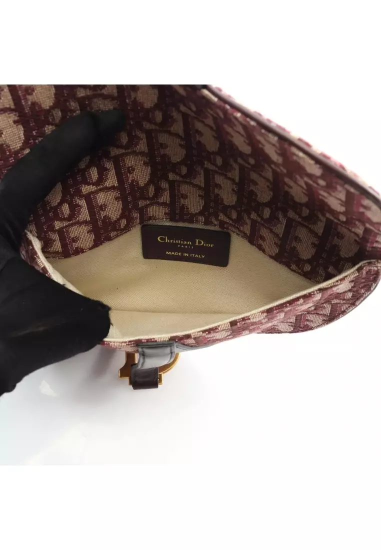 Pre-Loved Christian Dior SADDLE saddle oblique waist bag body bag canvas leather beige Bordeaux