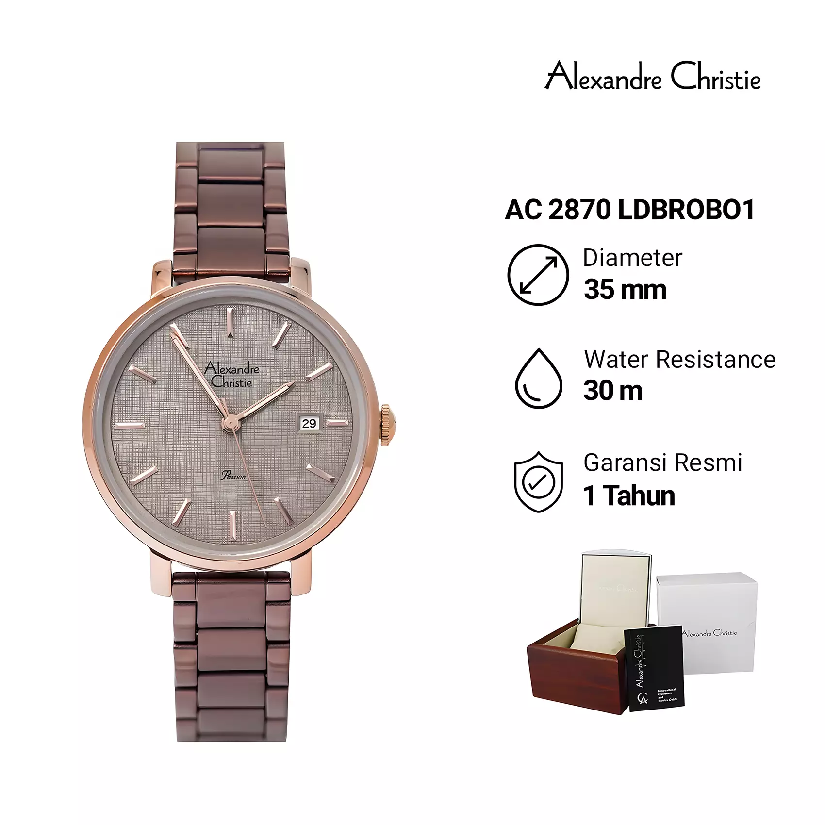 Alexandre Christie - Jam Tangan Analog Wanita - Rose Gold Brown - Stainless Steel - 2870 LDBROBO1