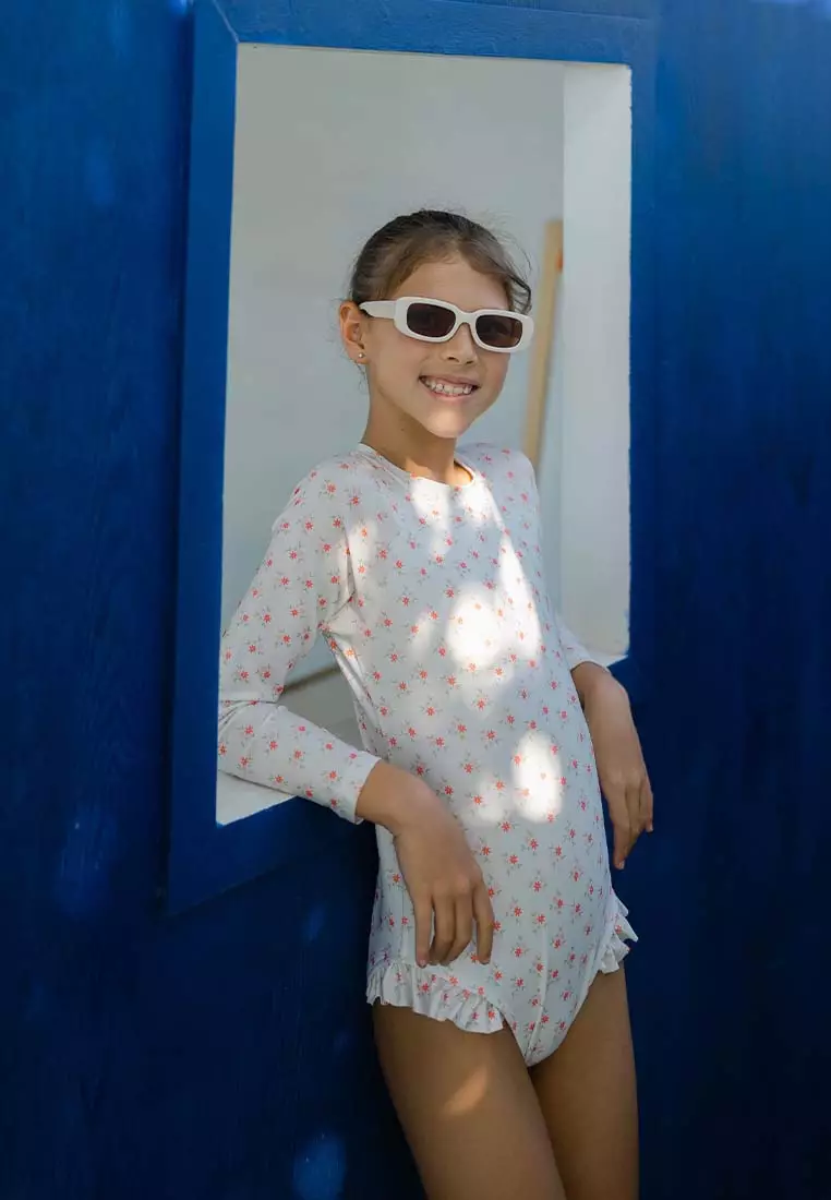 Stripes & Blooms Leotard Long Sleeves - Coral Daisy