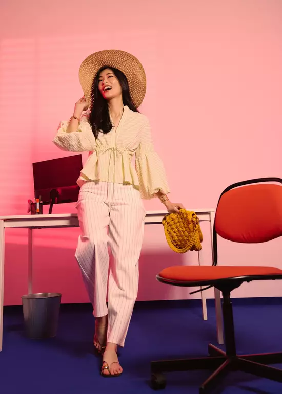 Celana Panjang Wanita - Pinstripe Cotton Twill 5-Pocket High Rise Straight Leg Pants