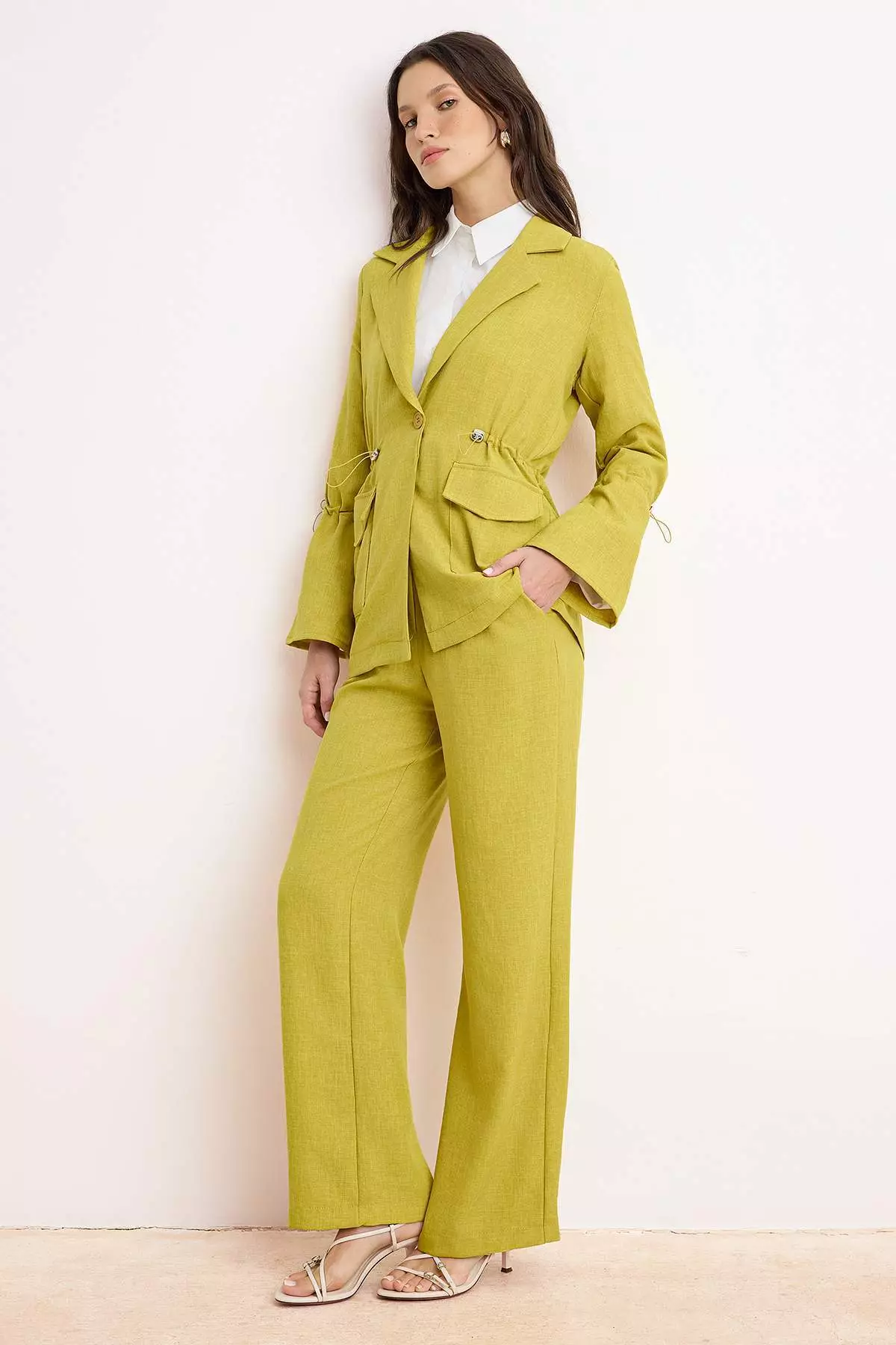 Oil Green Linen Mixed Beli Ruched Detail Tunic Pant Bottom - Top Set Tctss26Us00030