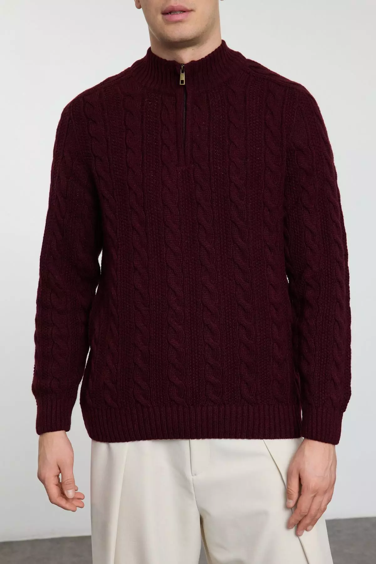 Claret Red Unisex Regular Fit Zippered Half Turtleneck Knit Sweater TMNAW21KZ0737