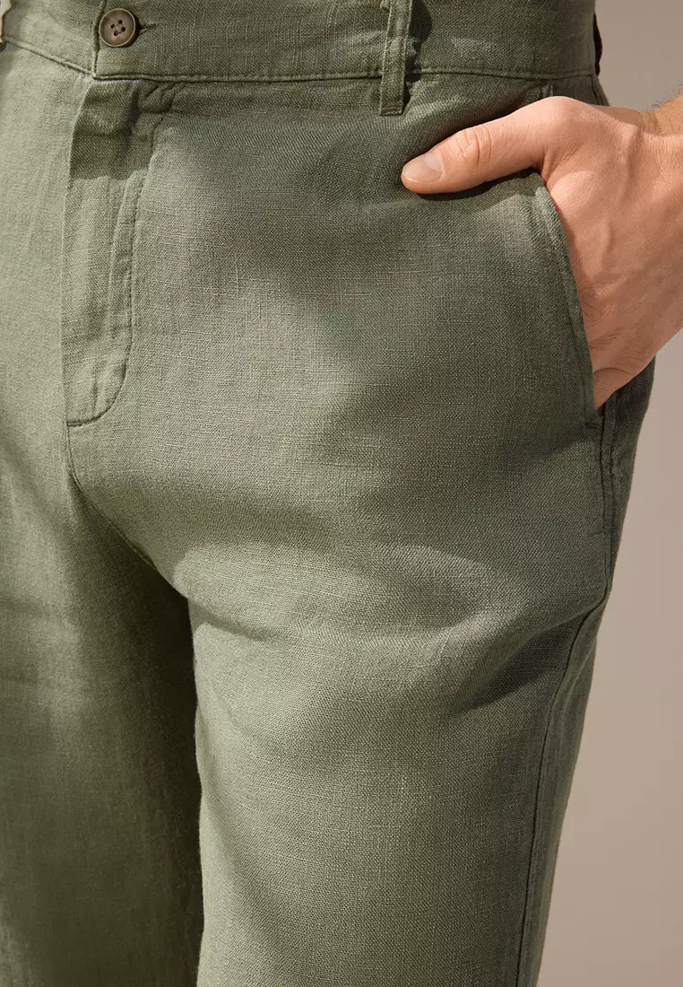 Khaki Limited Edition 100% Linen Regular Fit Trousers