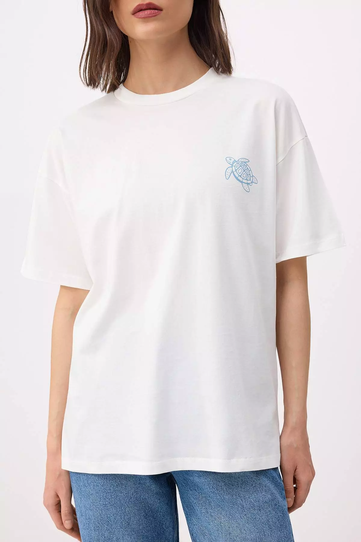 Ecru Printed Oversize/Wide Fit Low Sleeve Short Sleeve Tok 1% Cotton Knitted T-Shirt Twoss26Ts16