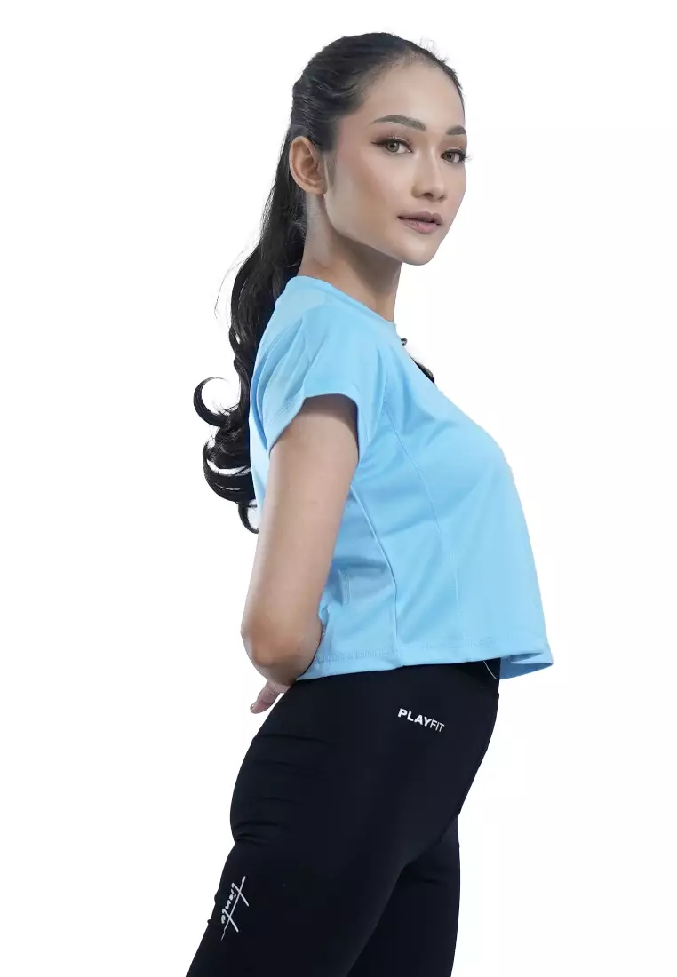 Tiento Baju Olahraga Wanita Crop Top Shirt Kaos Lengan Pendek Running Gym Lari Yoga Pound Fit