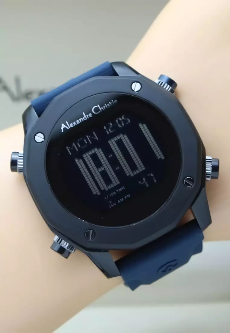 Alexandre Christie - Jam Tangan Digital Pria - Black - Blue Rubber Strap - 9377 MHRIPBABU
