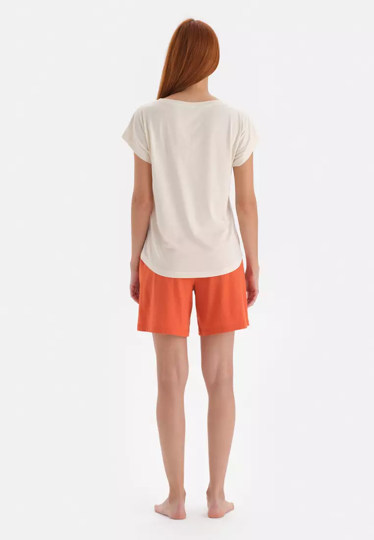 Buy DAG Off White Tshirt Shorts Palm Tree Crew Neck Regular