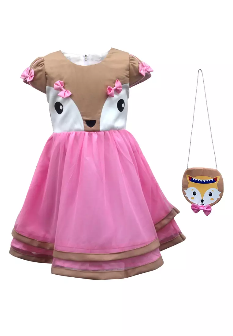 Two Mix Dress Anak Perempuan Bahan Kaos Scuba Gratis Tas Lucu Musang Usia 1-12 tahun 4130