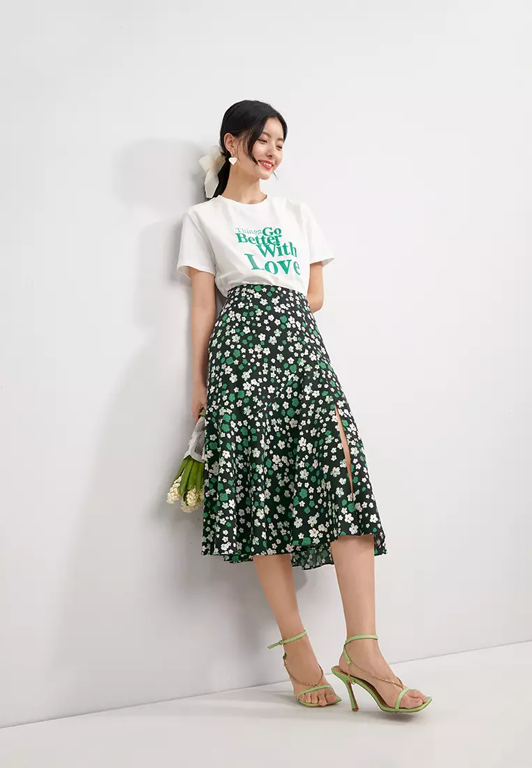 Slim Waist Flare Floral Long Skirt