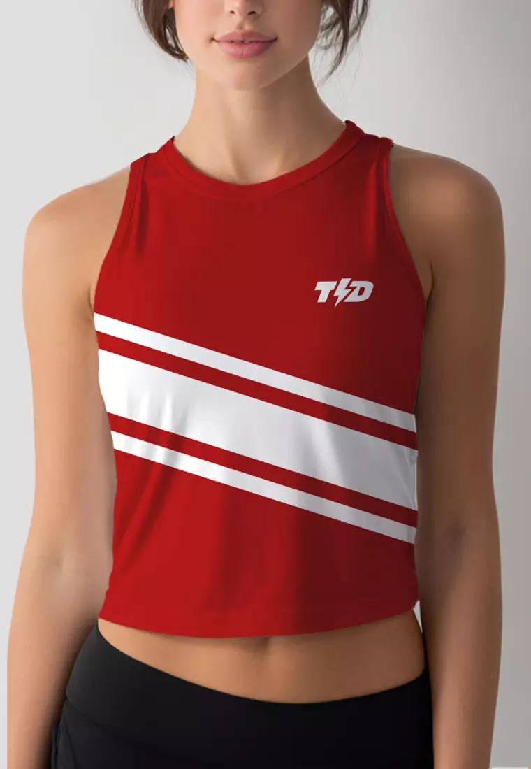 LSD98 Crop Tank Top Lari Running jersey merah putih olahraga Td Bolt 3lines merah putih