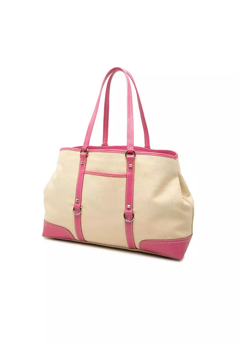 Pre-Loved Prada Studded Leather Trimmed Canvas Front Pocket Tote