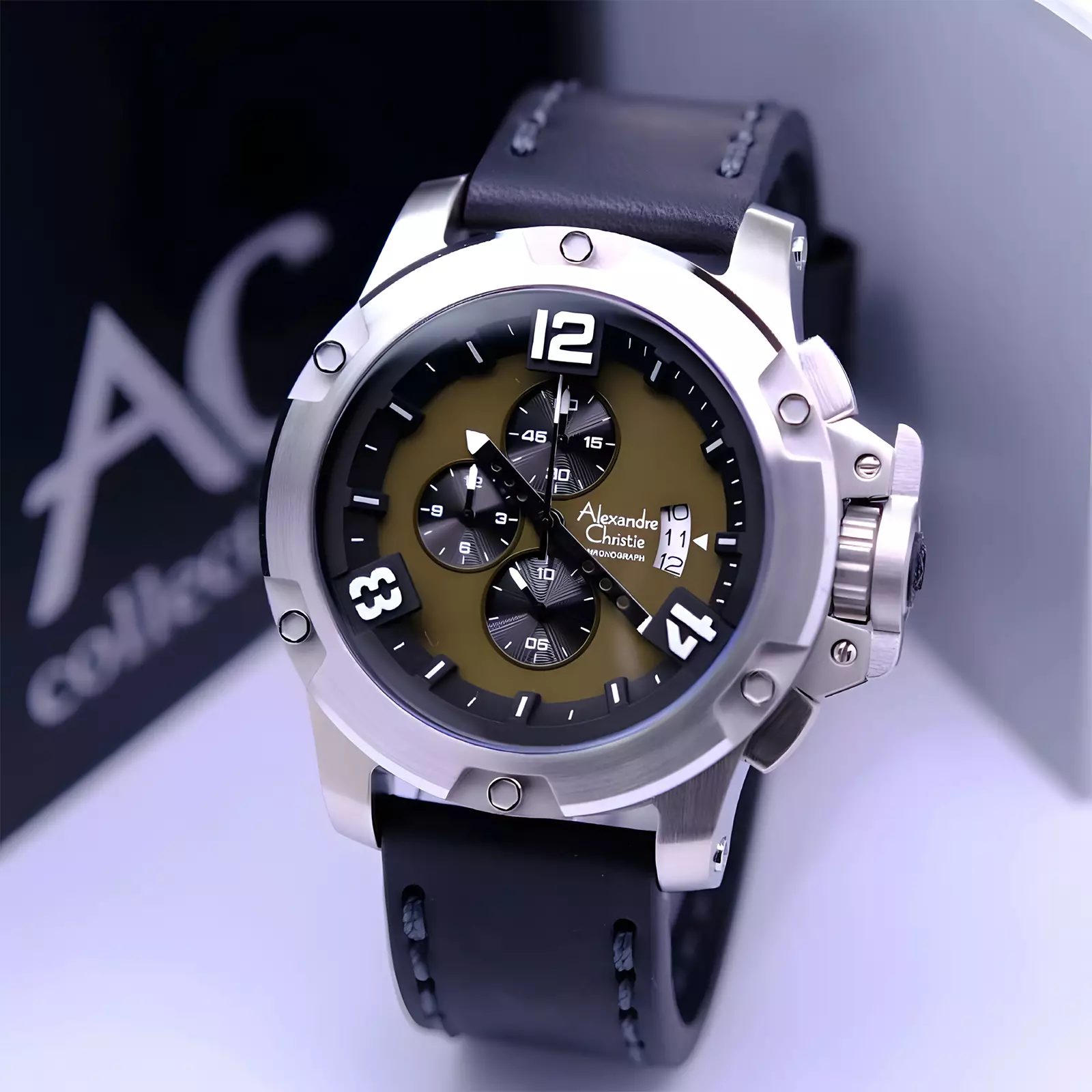 Jam Tangan Chronograph Pria - Silver Green - Black Leather Strap - 6295 MCLSSGN