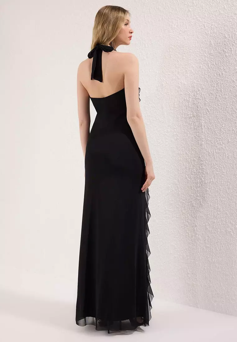 Limited Edition Black Ruffled Lined Tulle Evening Prom Dress TPRSS25AE00063