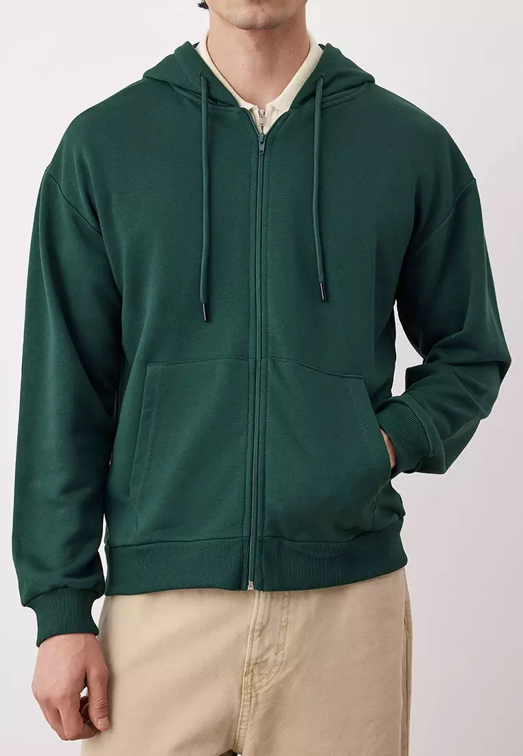 Dark Green Oversize/Wide Cut Zippered Basic Non-Raising Sweatshirt-Cardigan