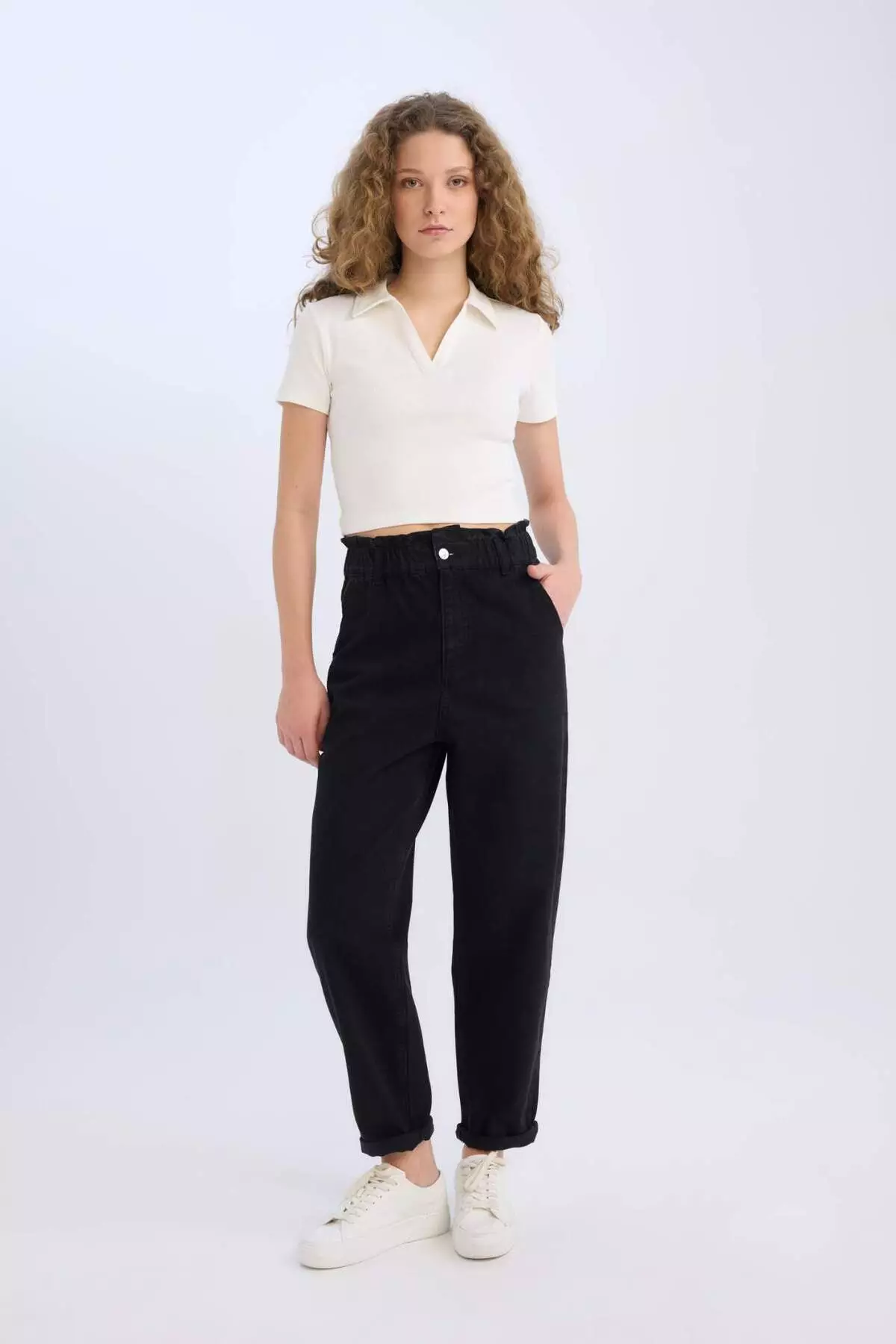 Fitted Polo Neck Basic Plain Ribbed Camisole Short Sleeve T-Shirt A0379Ax25Sm