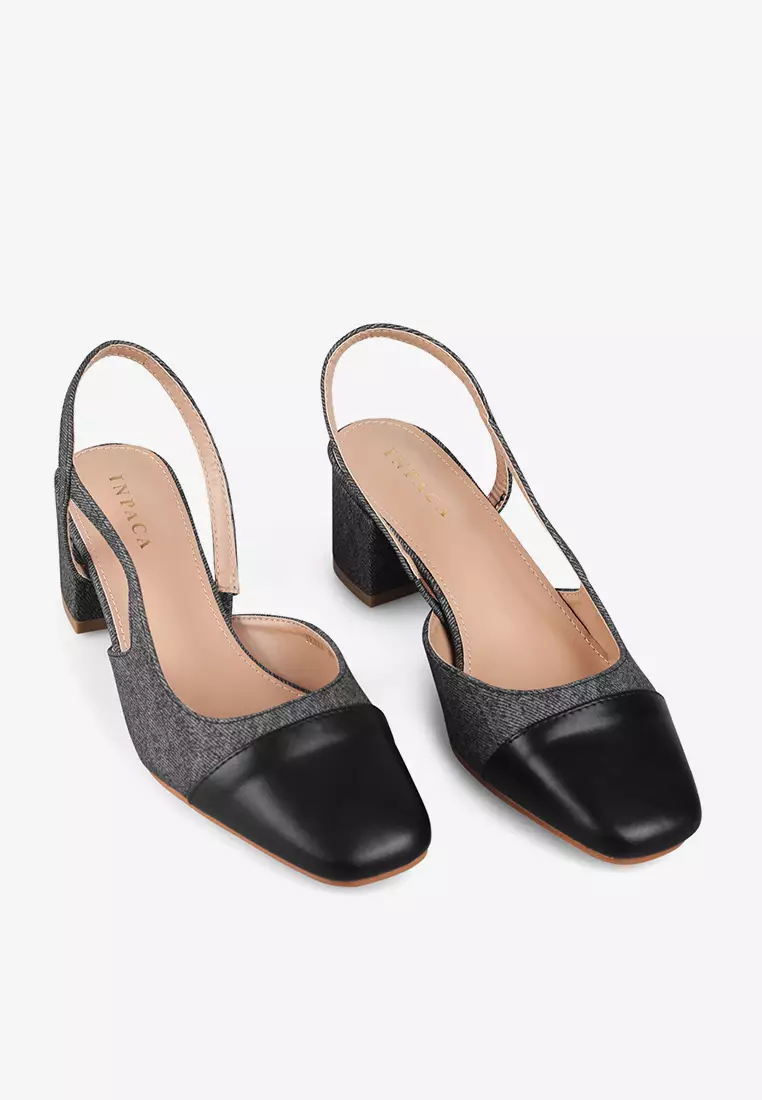 Jenna Denim Sling Back Square Toe Block Heels