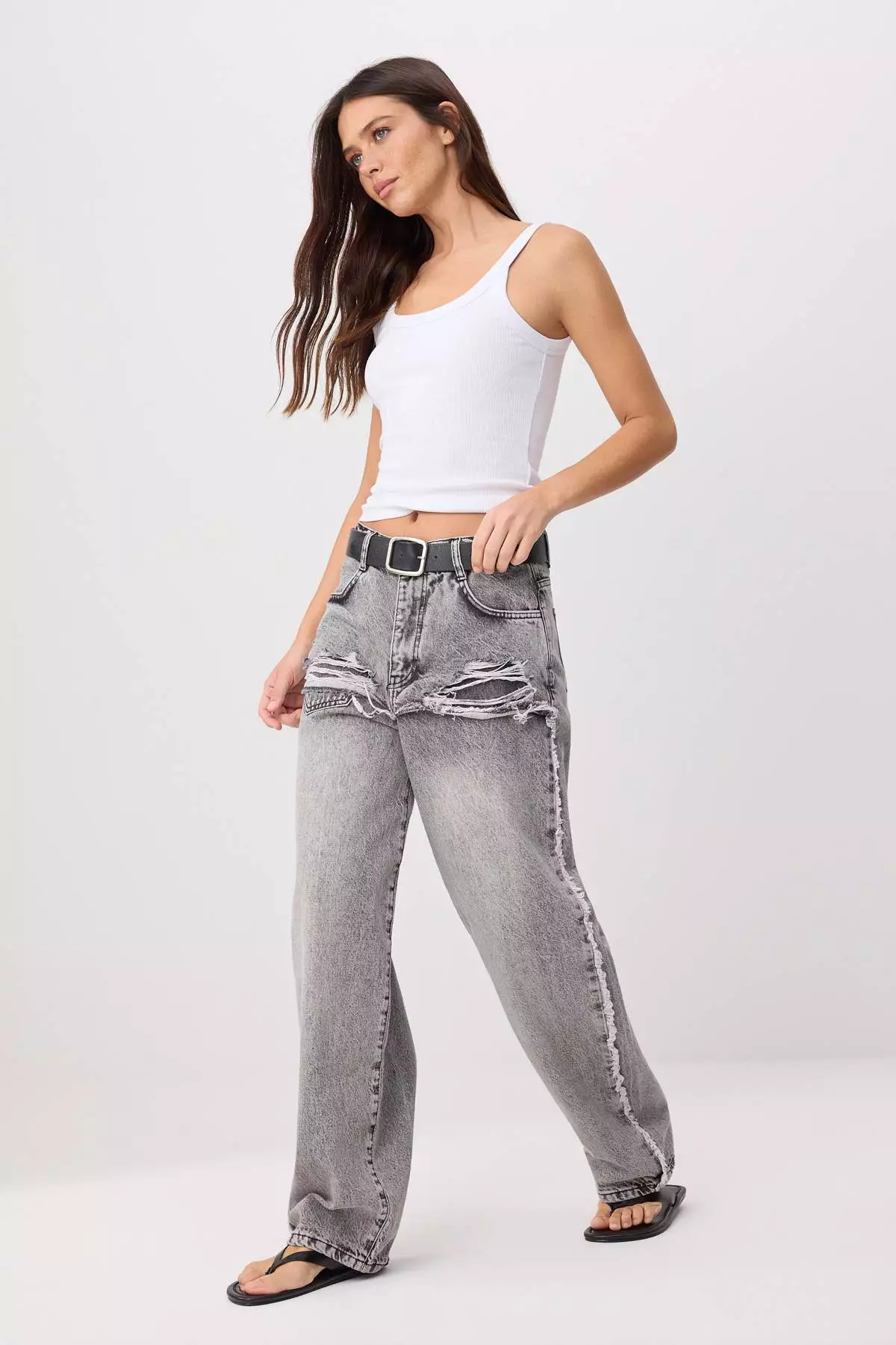 Gray Ripped Detailed High Waist Wide Leg Jeans Twoss26Je00353
