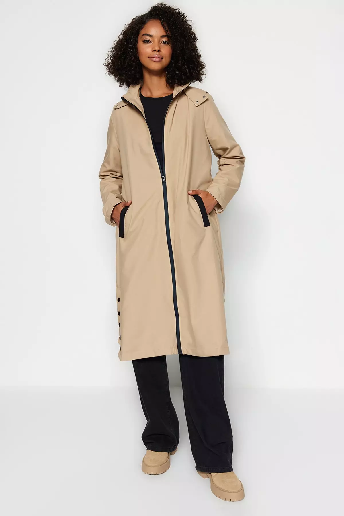 Trendyol Dark Beige Hoodie Trench Coat With Snaps On The Sides