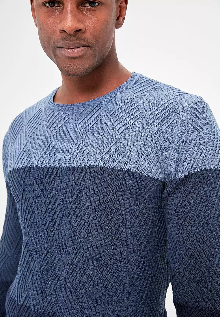 Indigo Regular Crew Neck Color Block Sweater Tmnaw20Ls0026