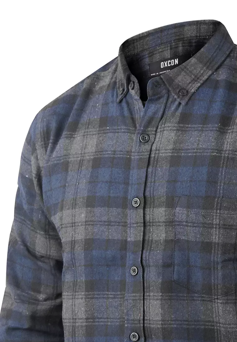Kemeja Flannel Cotton tangan panjang blue grey 2024