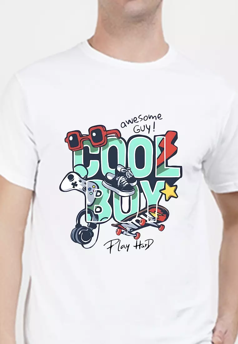 Cool Boy 图案白色纯棉标准版型T恤/短袖T恤，圆领