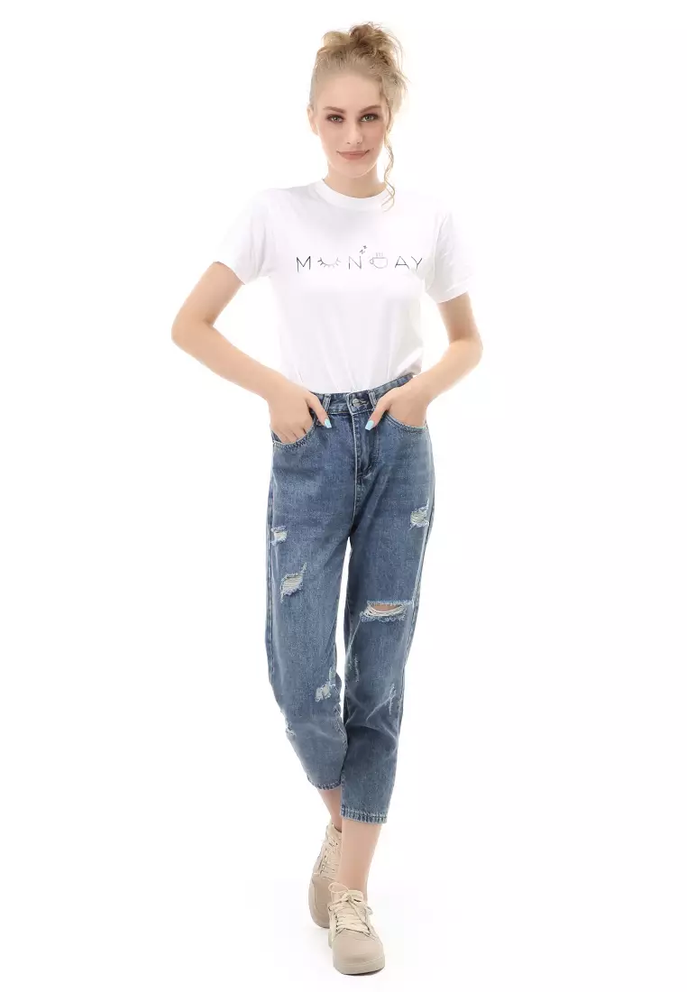Jourel Long Pants Celana Panjang Wanita Highwaist Style Ripped Material Denim ORIGINAL - Dark Blue