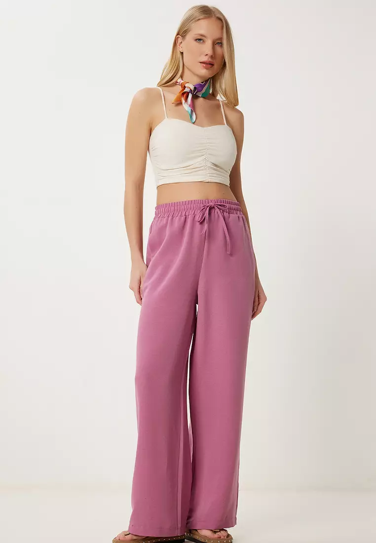 Women's Dark Pink Wide Leg Linen Trousers Dp00261