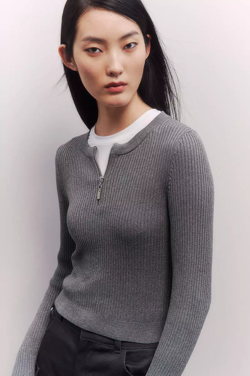 Zip-top rib-knit top