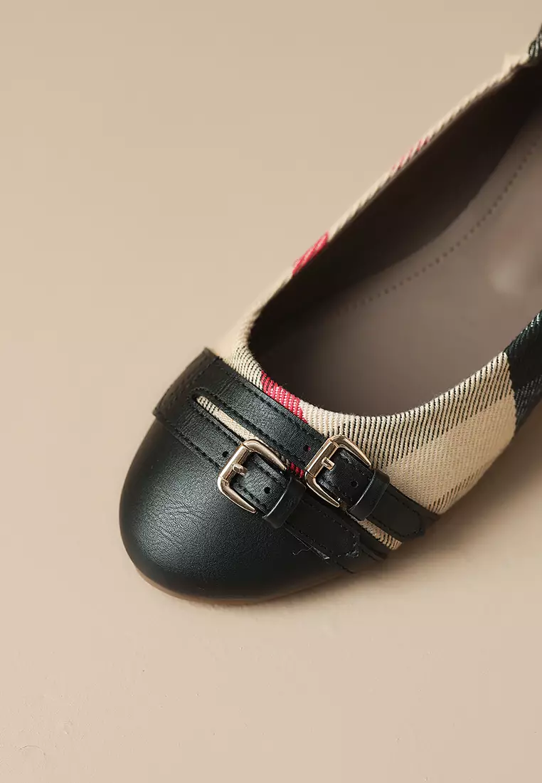 Buckle Plaid Faux Leather Flat Ballerinas WW955-5