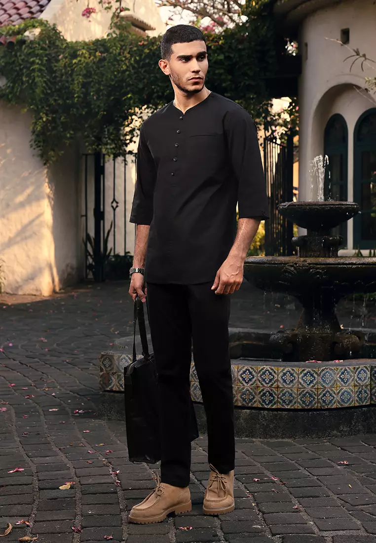 OXCON kemeja Vneck Henley Collarless shirt Black