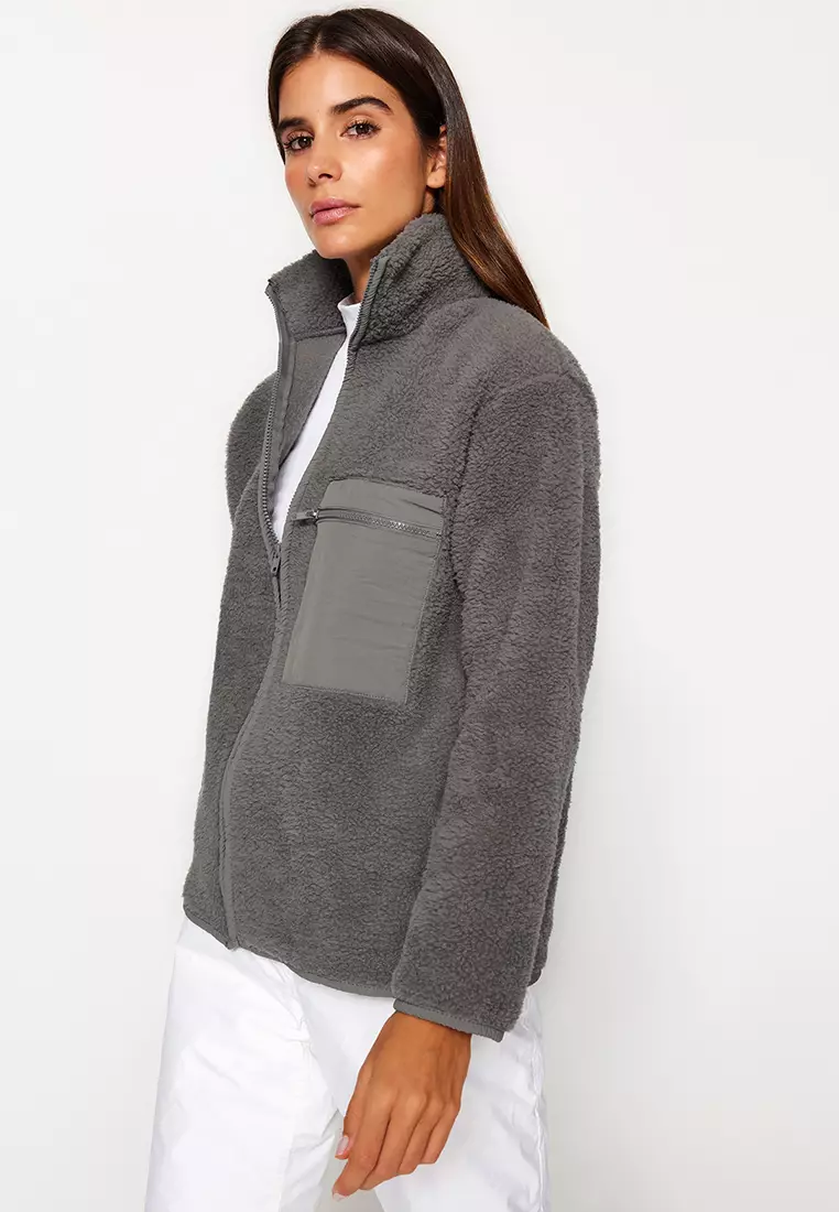 Winter Essentials Anthracite Thick Fleece Zippered Stand Collar Pocket Knitted Sweatshirt Twoaw24Sw71