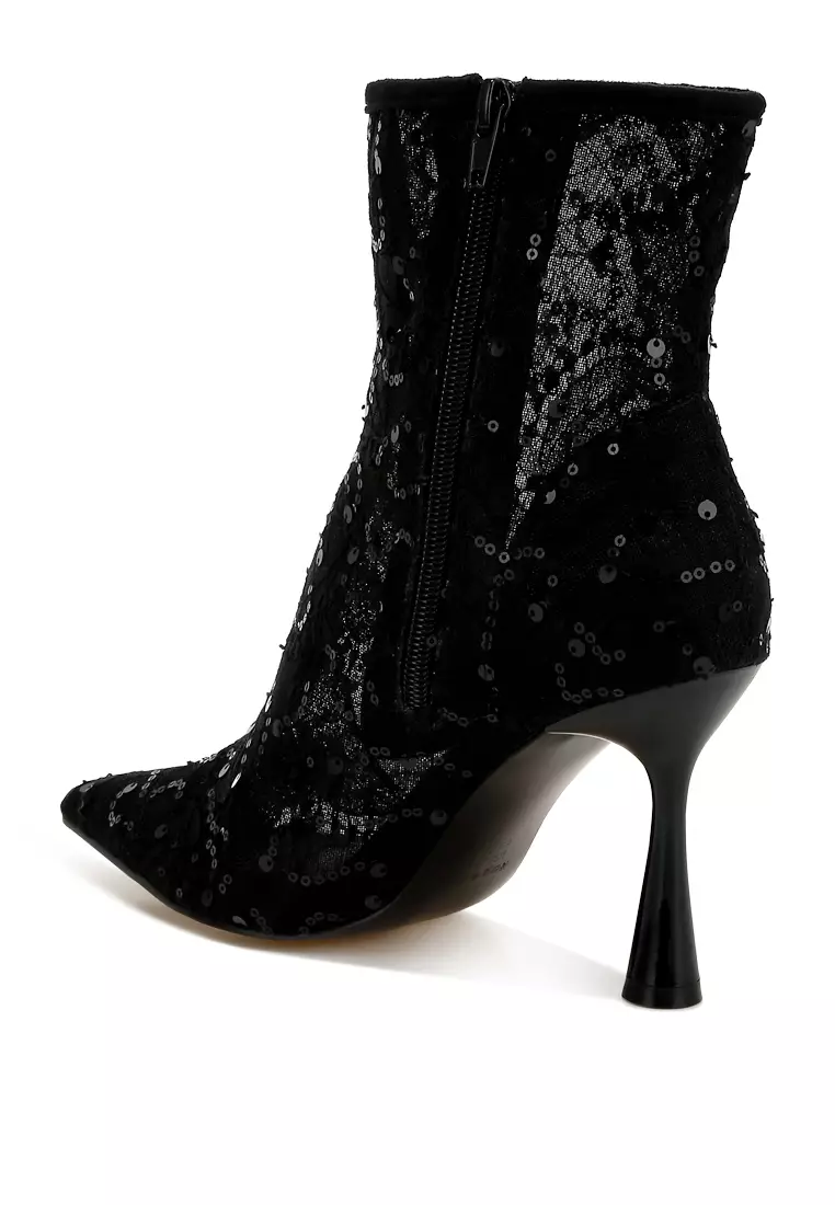 Sequin Lace Boots in Black