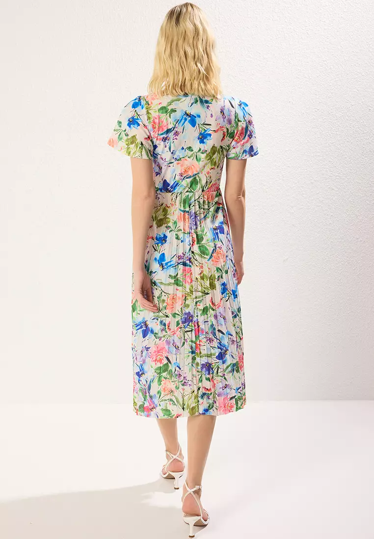 Blue Floral Skater Floral Pattern Double Breasted Handkerchief Sleeve Ribbed Flexible