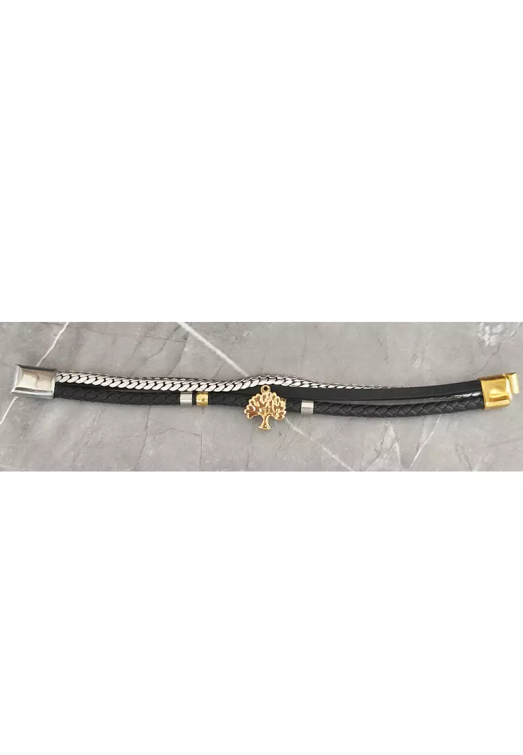 Accessories Pria Stainless Steel Tree Design Center Leather Bracelet Gelang Pria Black, Silver & Gold