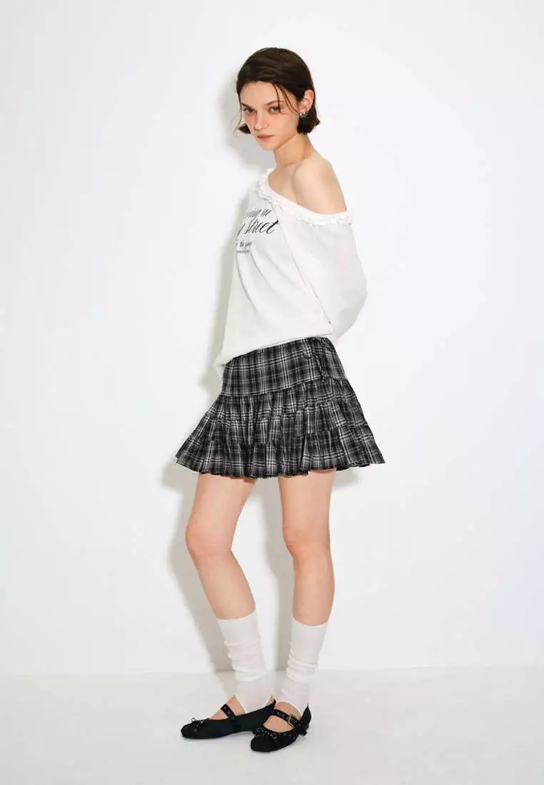 Drawstring Tie Side Plaid Layered Ruffle Cotton Mini Skirt